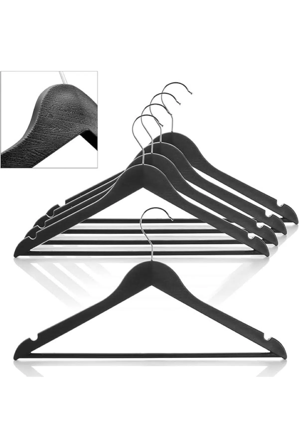 5 Adet Ahşap Görünümlü Plastik A Kalite 5 Adet Siyah Askı Pantolon Gömlek Askı