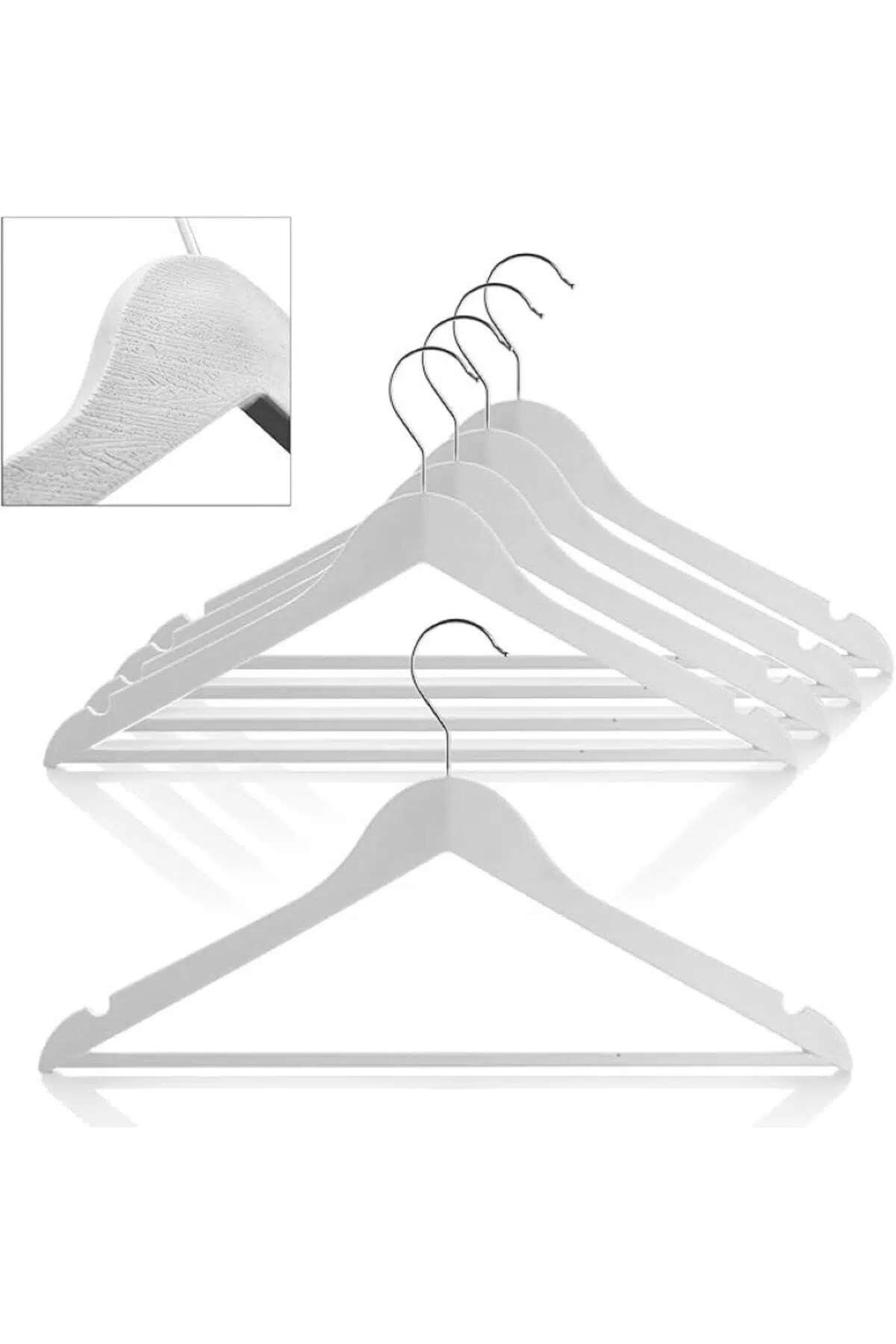 5 Adet Ahşap Görünümlü Plastik A Kalite 5 Adet Siyah Askı Pantolon Gömlek Askı - Beyaz
