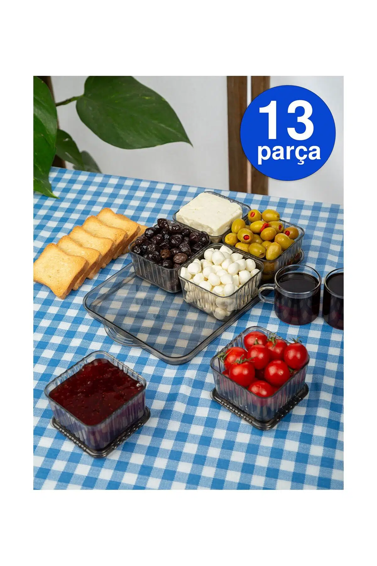 Antrasit Tepsili Lüx 13 Parça 6 Bölmeli Kahvaltılık Seti Kapaklı Tepsili Kahvaltı Sunum Takımı