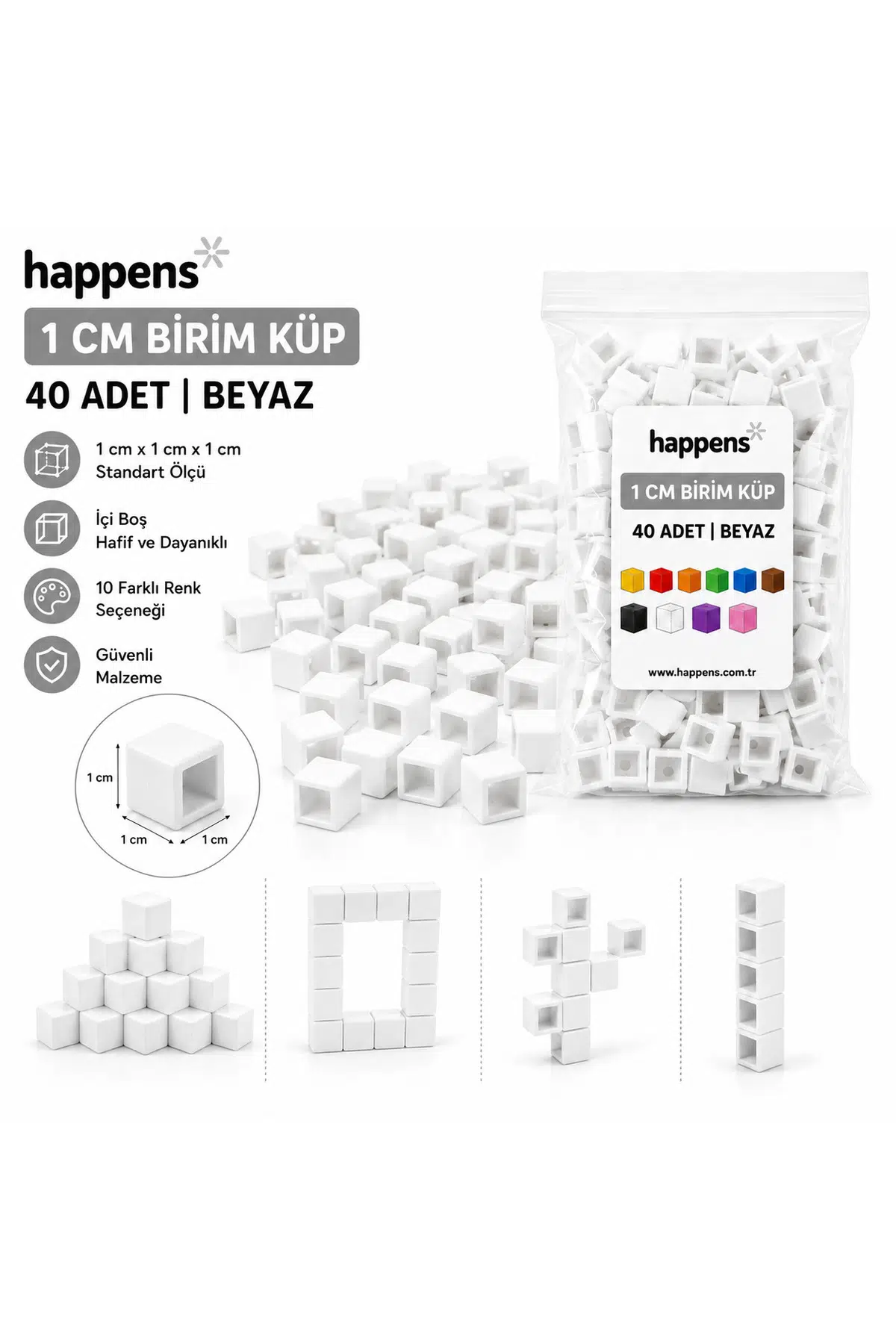 Birim Küp 1 cm 40 Adet Beyaz– Matematik Materyali, Eğitici Oyuncak, Montessori ve Okul Öncesi Sayma Küpleri