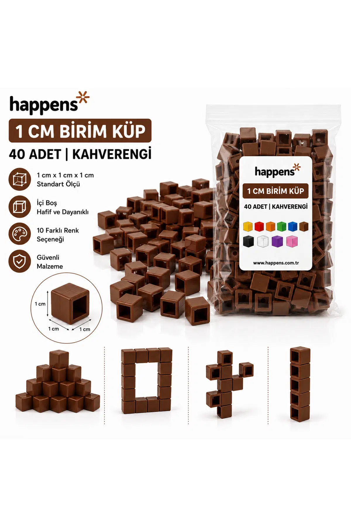 Birim Küp 1 cm 40 Adet Kahverengi– Matematik Materyali, Eğitici Oyuncak, Montessori ve Okul Öncesi Sayma Küpleri
