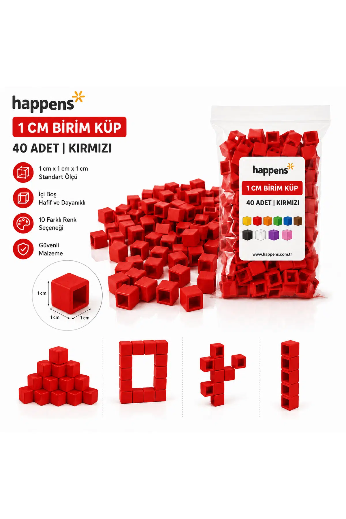 Birim Küp 1 cm 40 Adet Kırmızı– Matematik Materyali, Eğitici Oyuncak, Montessori ve Okul Öncesi Sayma Küpleri