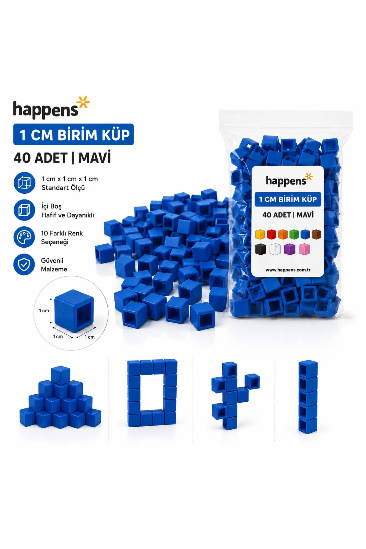 Birim Küp 1 cm 40 Adet Mavi– Matematik Materyali, Eğitici Oyuncak, Montessori ve Okul Öncesi Sayma Küpleri