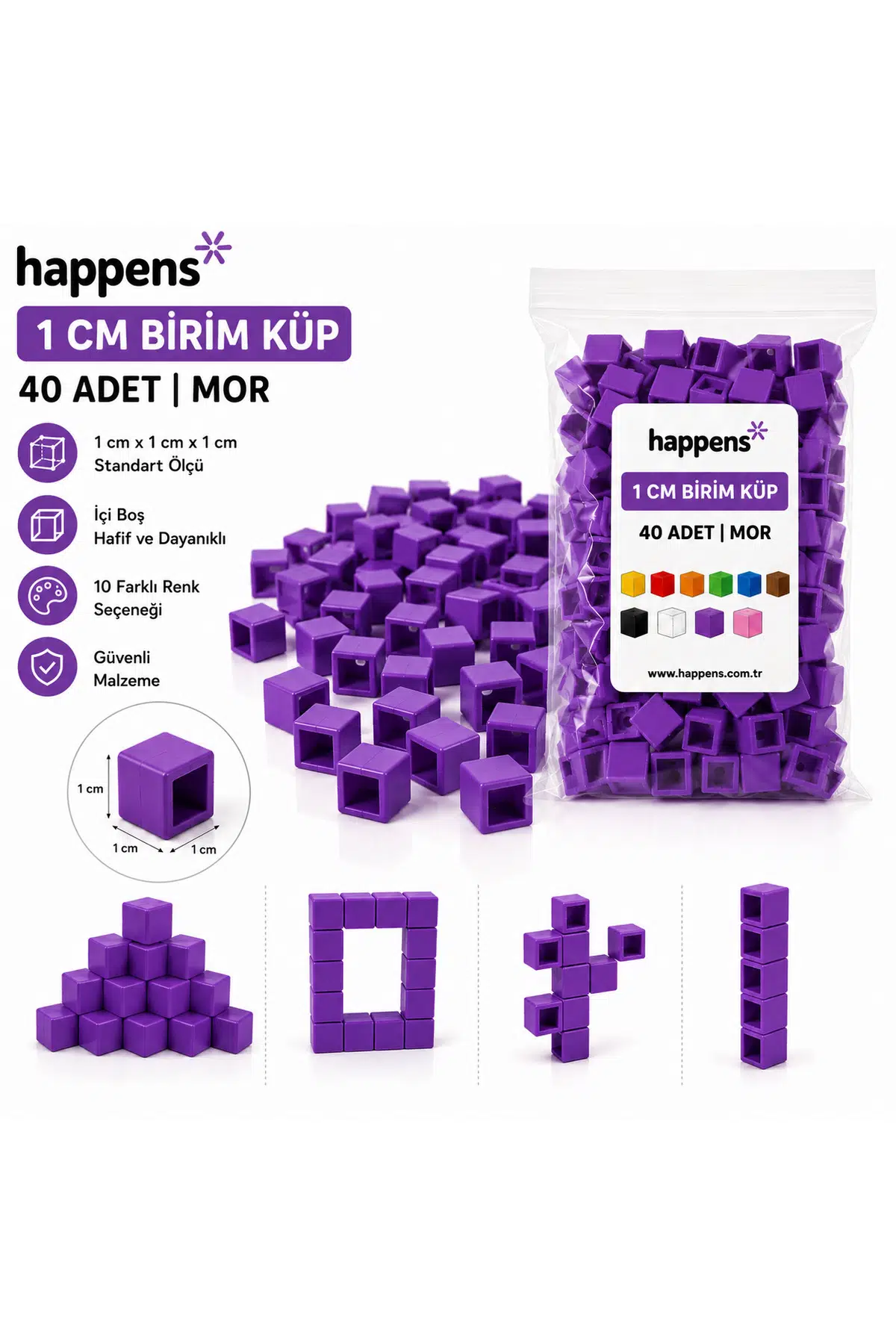 Birim Küp 1 cm 40 Adet Mor– Matematik Materyali, Eğitici Oyuncak, Montessori ve Okul Öncesi Sayma Küpleri