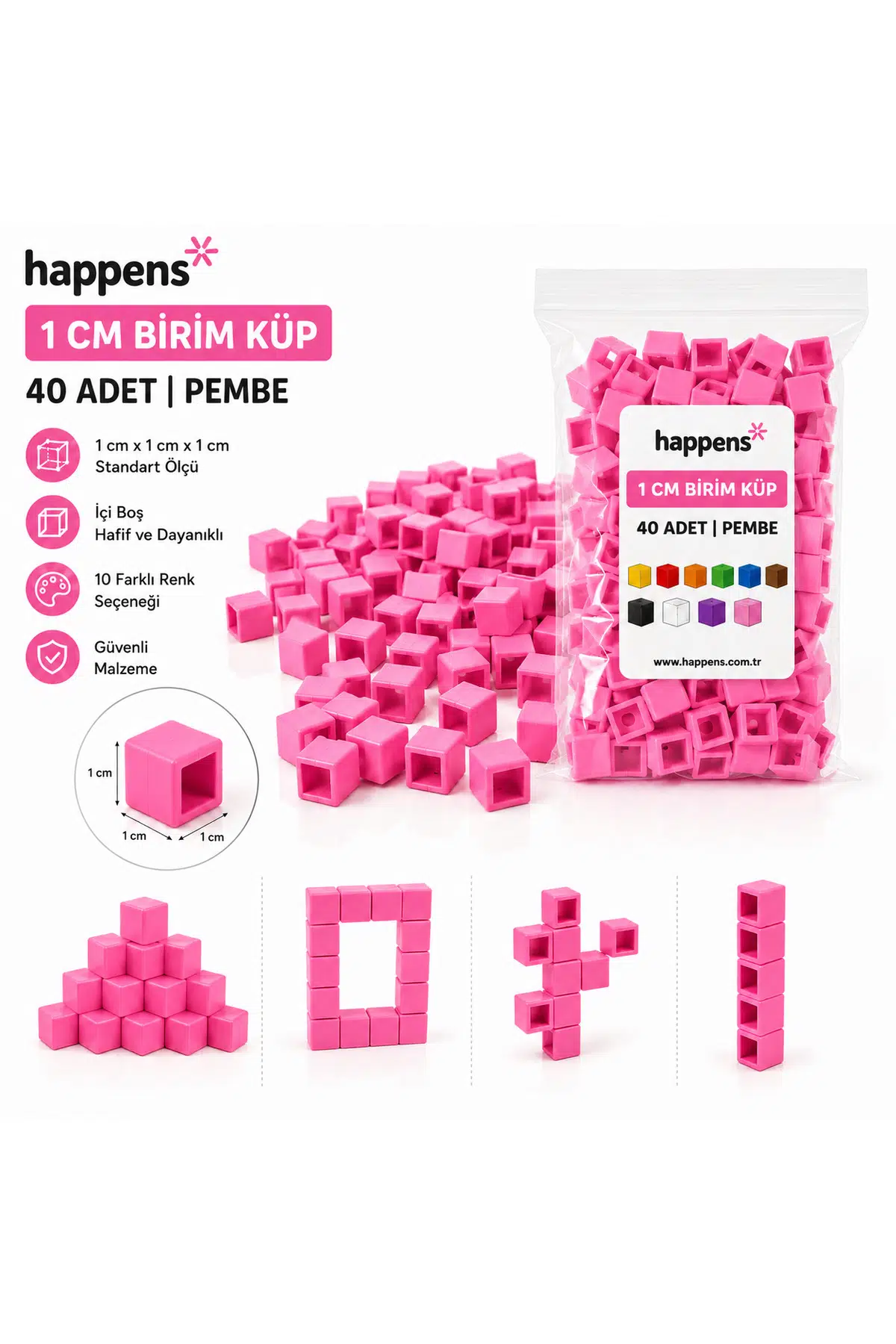 Birim Küp 1 cm 40 Adet Pembe– Matematik Materyali, Eğitici Oyuncak, Montessori ve Okul Öncesi Sayma Küpleri