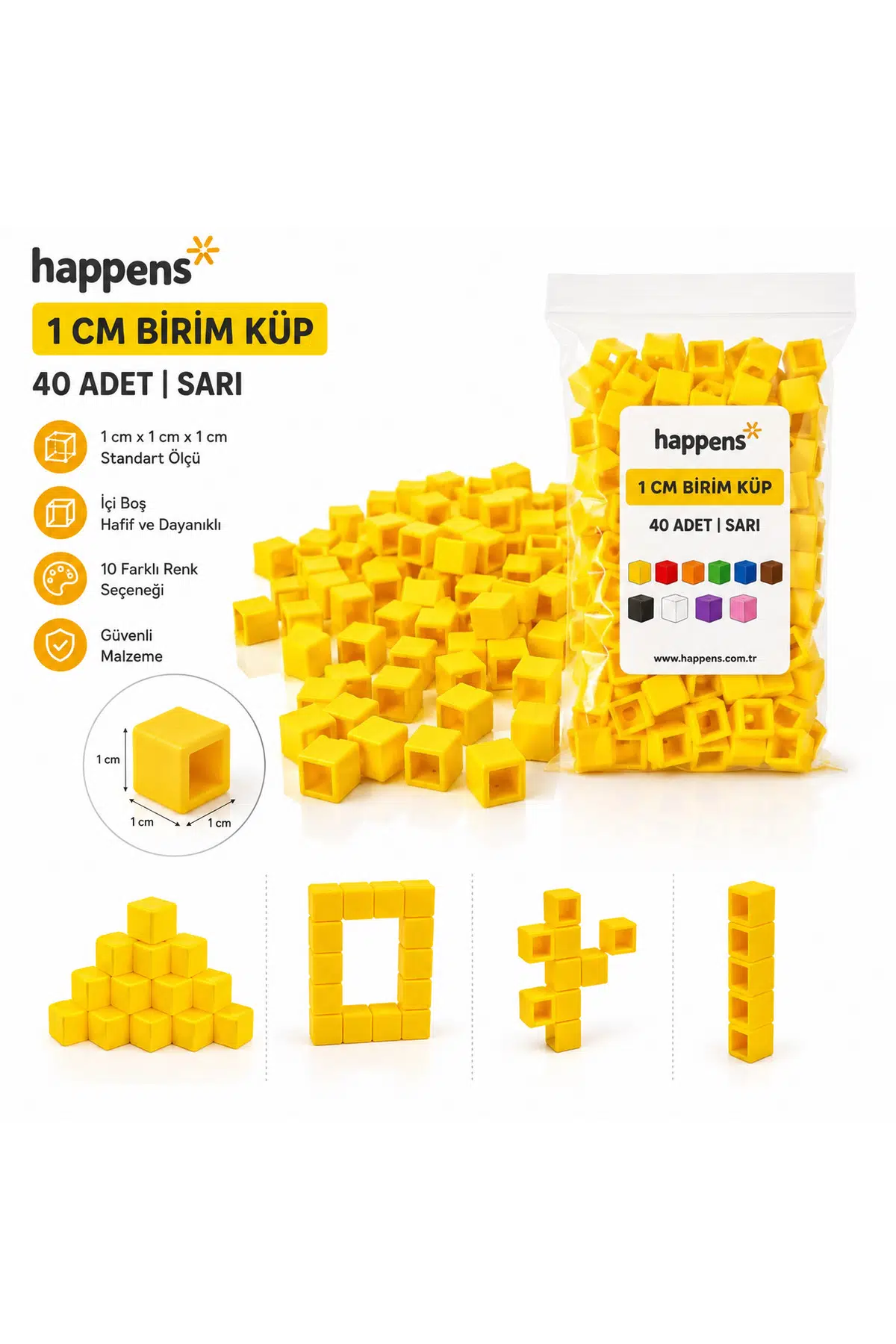 Birim Küp 1 cm 40 Adet Sarı– Matematik Materyali, Eğitici Oyuncak, Montessori ve Okul Öncesi Sayma Küpleri