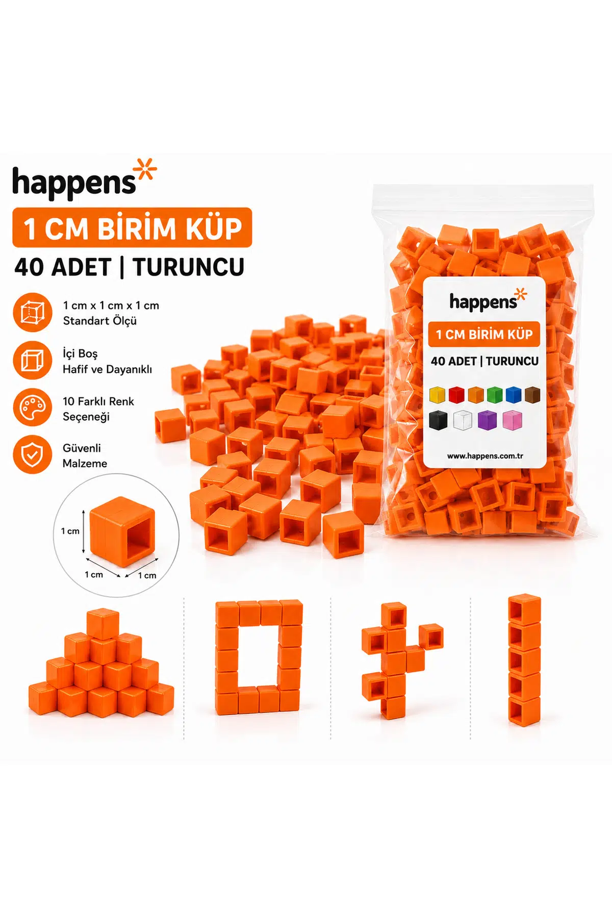Birim Küp 1 cm 40 Adet Turuncu– Matematik Materyali, Eğitici Oyuncak, Montessori ve Okul Öncesi Sayma Küpleri