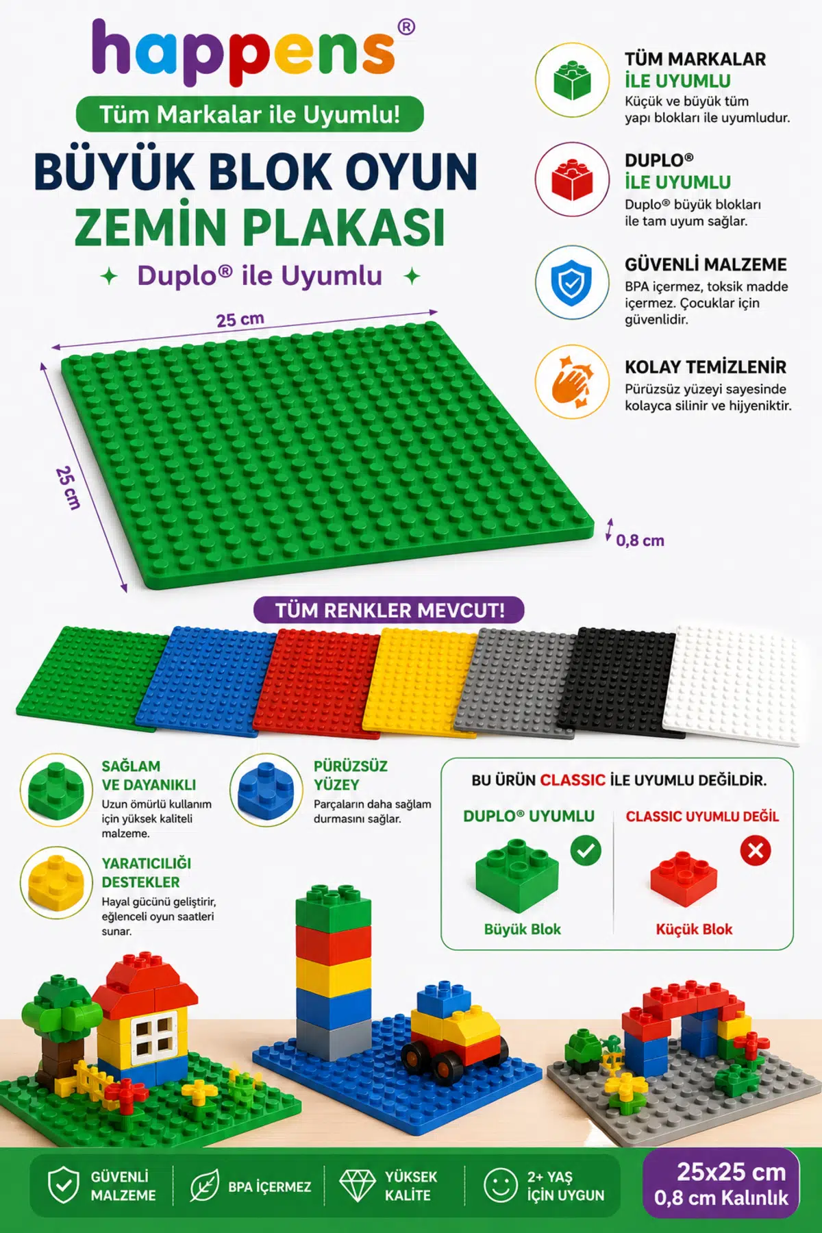 Dublo Uyumlu Büyük Blok Oyun Yeşil Zemin Plakası 25x25 cm Yapı Blok Tabanı- Yeşil Yapım Plakası 10460